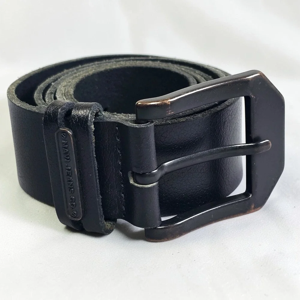 Mavi Jeans Co Mens‎ Black Belt Bronze Geometric Buckle Branded Plate 42.5in